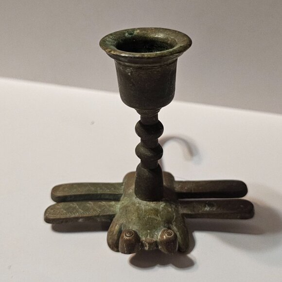 Antique Brass Dragonfly Candle Holder With Curved Tail & Intricate Design - Picture 4 of 8